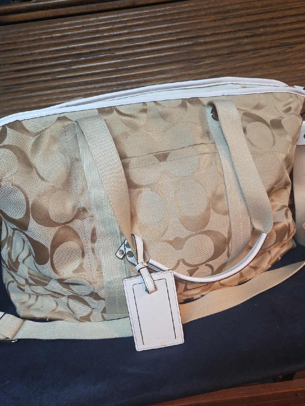 Coach Tan Signature Jacquard Tote with White Trim